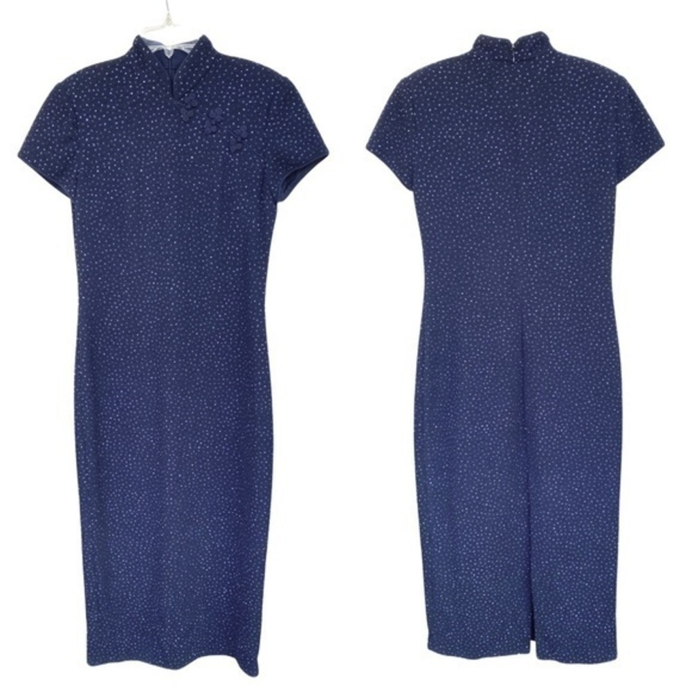 VINTAGE David Warren Midnight Blue Sparkly Mandarin Collar Full Length Dress